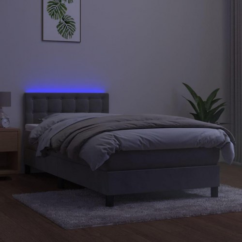 Kontinentalseng 90x200 cm med madras og LED-lys - fløjl, lysegrå