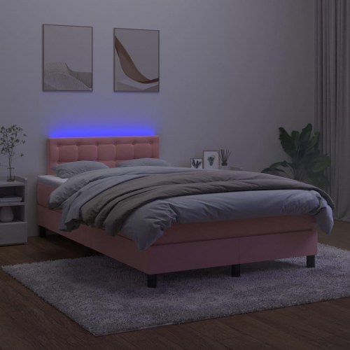 Kontinentalseng med madras og LED-lys 120×200 cm - fløjl, lyserød