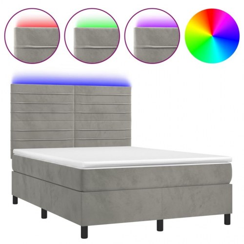 Kontinentalseng med LED-lys 140×190 cm - velour, lysegrå