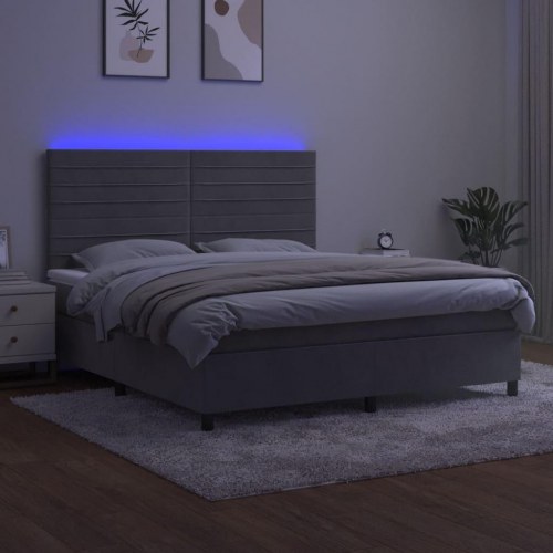 Kontinentalseng med LED-lys 160×200 cm - fløjl, lysegrå