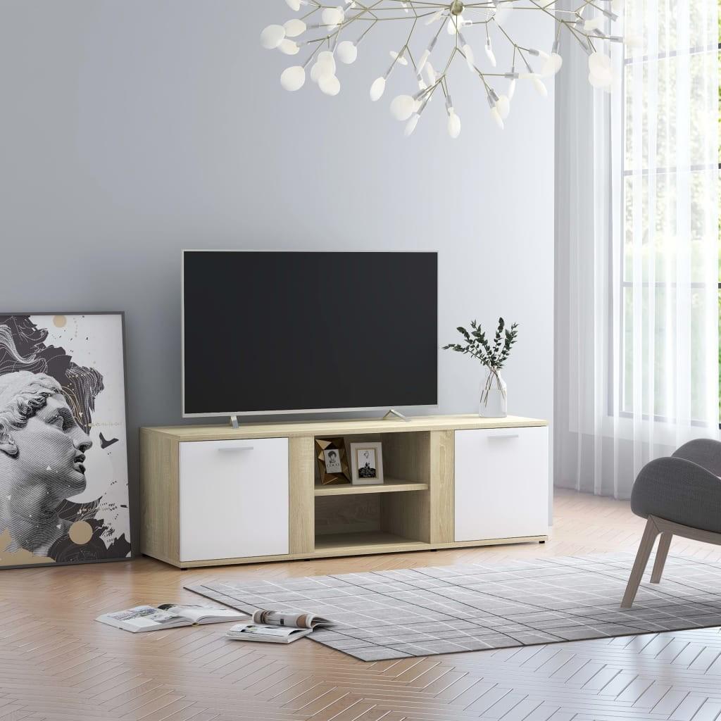 Tv-bord 120x34x37 cm konstrueret træ hvid og sonoma-eg