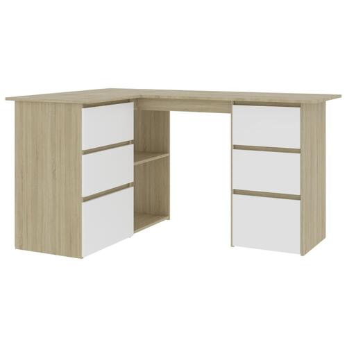 Skrivebord 145x100x76 cm konstrueret træ hvid og sonoma-eg