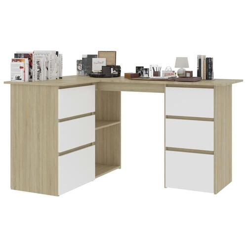 Skrivebord 145x100x76 cm konstrueret træ hvid og sonoma-eg