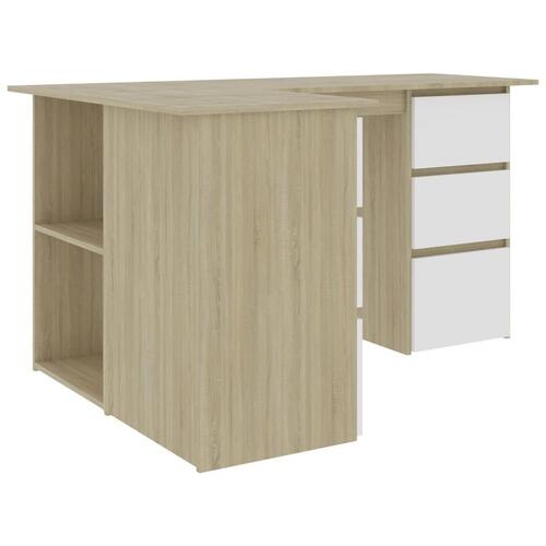 Skrivebord 145x100x76 cm konstrueret træ hvid og sonoma-eg