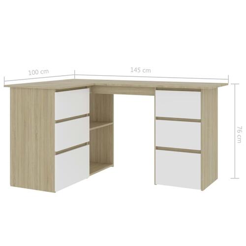 Skrivebord 145x100x76 cm konstrueret træ hvid og sonoma-eg