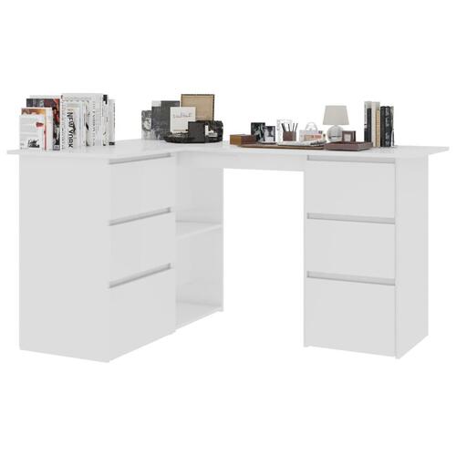 Skrivebord til hjørne145x100x76cm konstrueret træ hvid højglans