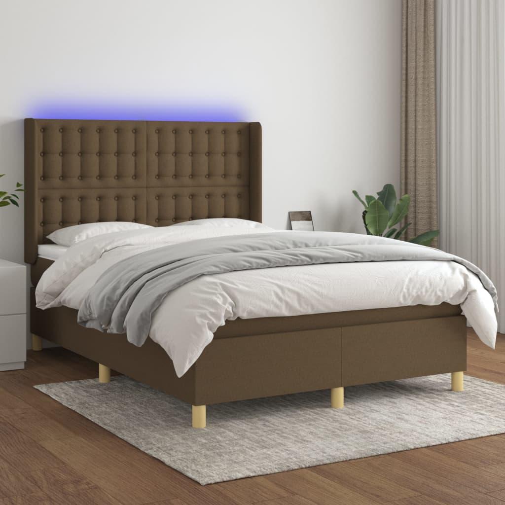 Kontinentalseng med LED-lys 140×200 cm - stof, mørkebrun