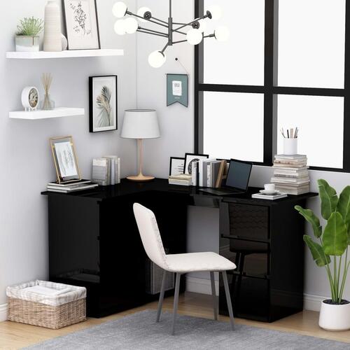 L-formet skrivebord 145x100x76 cm konstrueret træ sort højglans