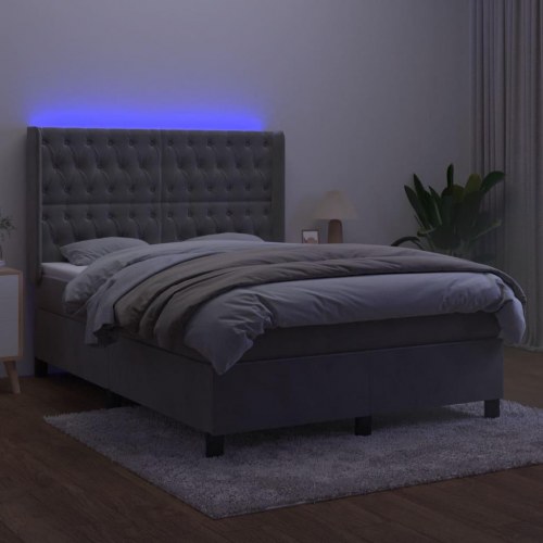 Kontinentalseng med LED-lys 140×190 cm - velour, lysegrå