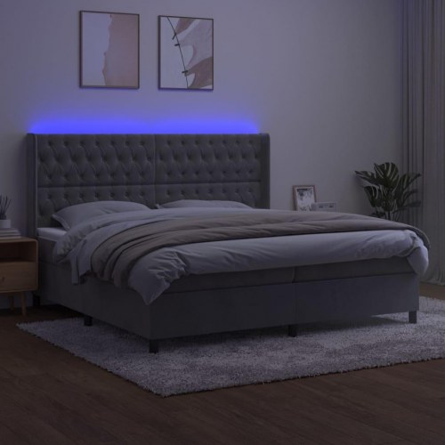 Kontinentalseng med LED-lys 200x200 cm - fløjl, lysegrå