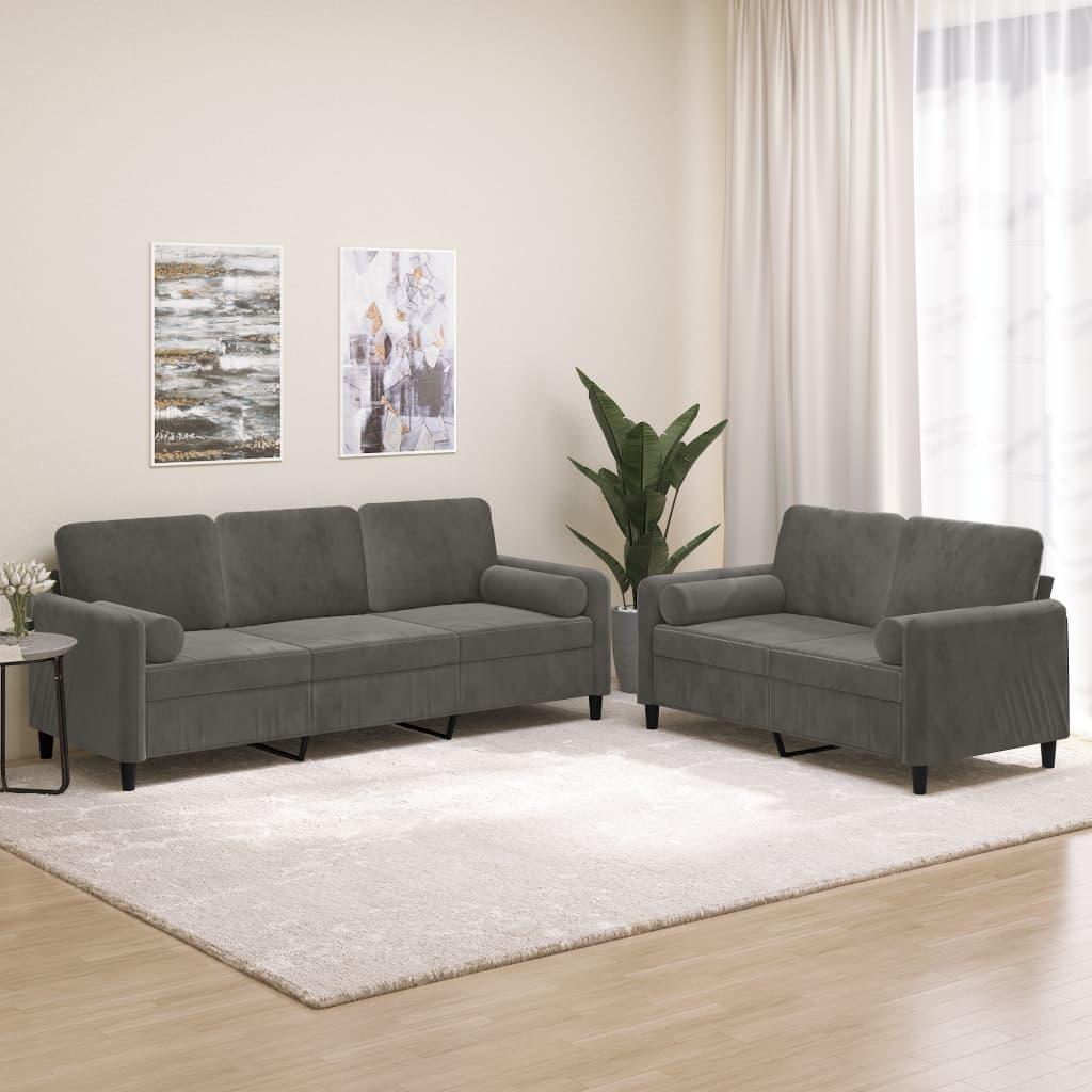 Sofasæt 2 dele med pyntepuder og hynder velour mørkegrå