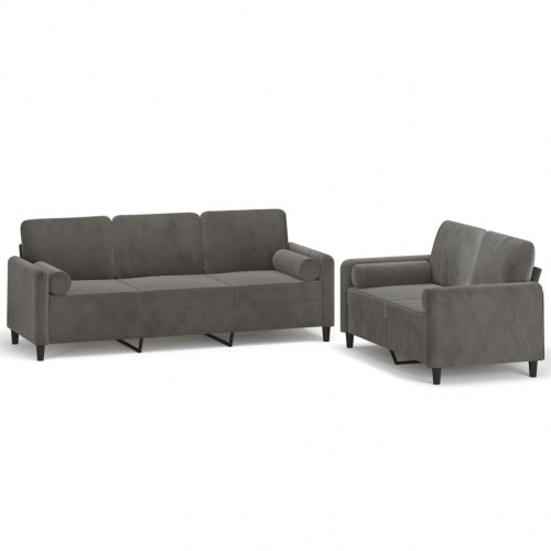 Sofasæt 2 dele med pyntepuder og hynder velour mørkegrå