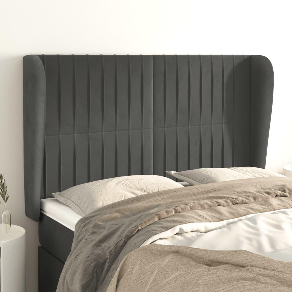 Sengegavl med kanter i fløjl - 147x23x118/128 cm, mørkegrå billede