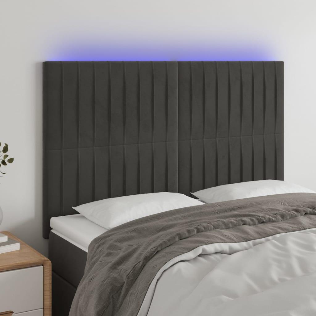 Sengegavl med LED-lys 144x5x118/128 cm fløjl mørkegrå billede