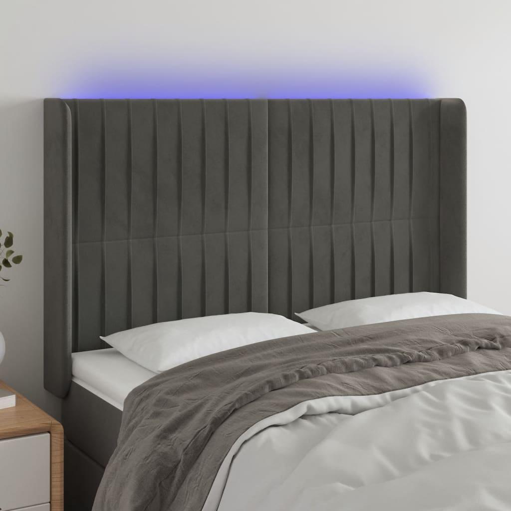 Sengegavl med LED-lys 147x16x118/128 cm - fløjl, mørkegrå