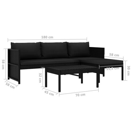 Haveloungesæt 3 dele med hynder polyrattan sort
