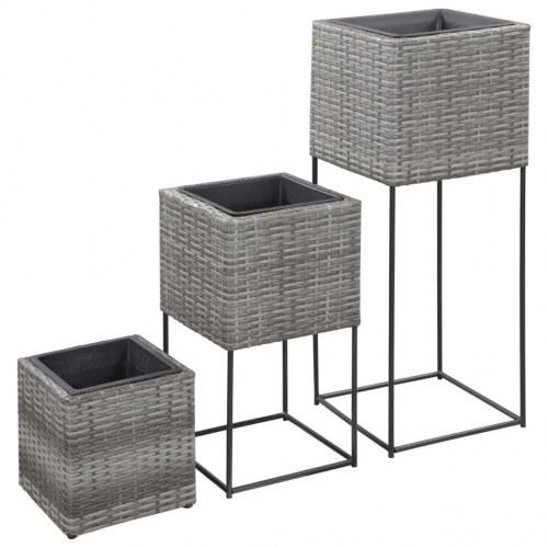 Forhøjede plantekrukker 3 stk. polyrattan grå