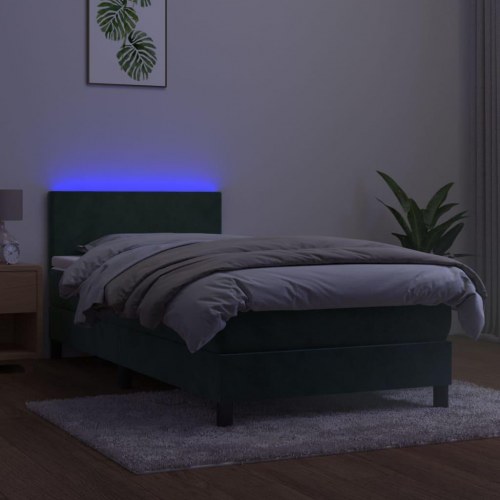 Kontinentalseng 90x200 cm i fløjl med madras og LED-lys - mørkegrøn
