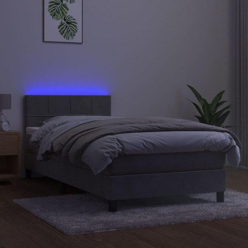 Kontinentalseng med madras og LED-lys 100×200 cm - fløjl, lysegrå