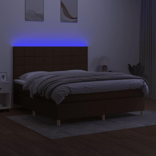 Kontinentalseng med LED-lys 160×200 cm - stof, mørkebrun
