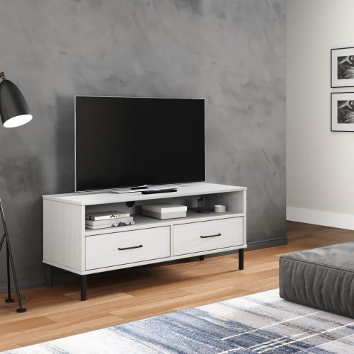 Tv-bord med metalben - OSLO i massivt fyrretræ, hvid