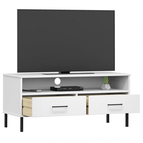 Tv-bord med metalben - OSLO i massivt fyrretræ, hvid