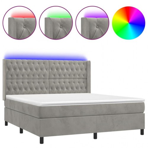 Kontinentalseng med LED-lys 160×200 cm i fløjl - lysegrå