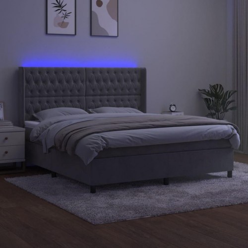 Kontinentalseng med LED-lys 160×200 cm i fløjl - lysegrå