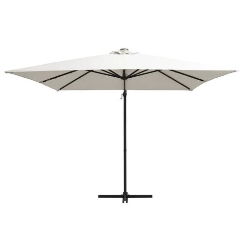 Hængeparasol med LED-lys og stålstang 250x250 cm sandfarvet