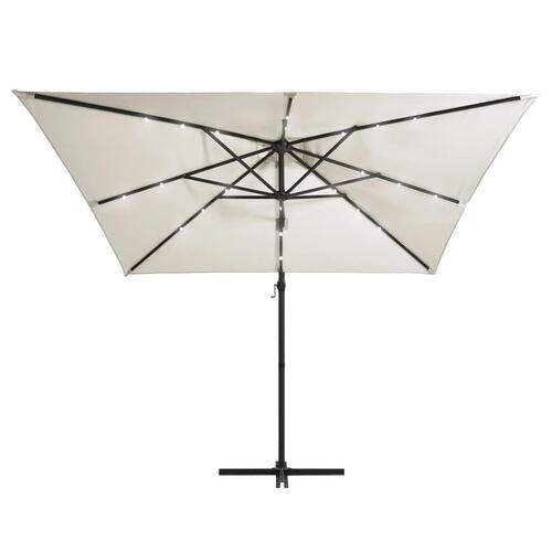 Hængeparasol med LED-lys og stålstang 250x250 cm sandfarvet