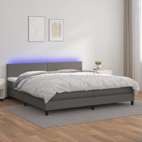 Kontinentalseng med LED-lys 200×200 cm - kunstlæder, grå