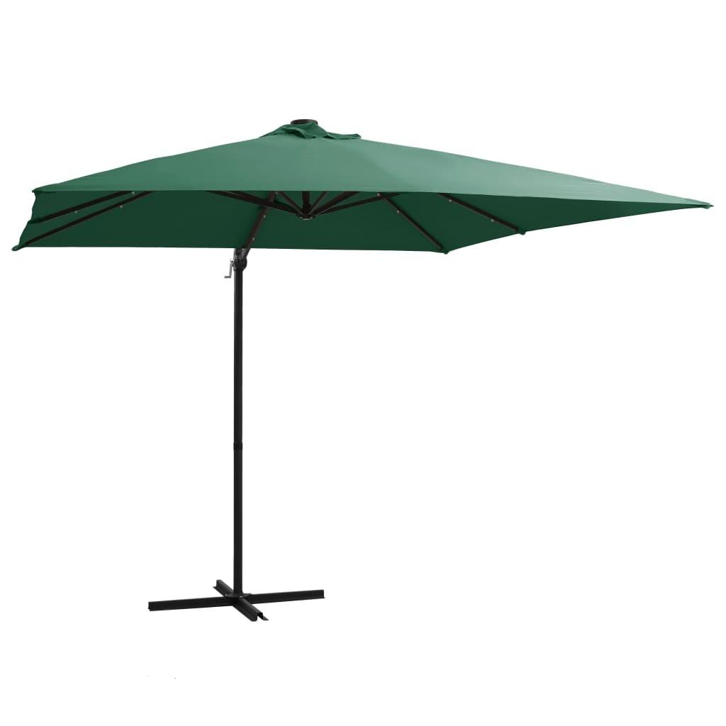 Hængeparasol med LED-lys og stålstang 250x250 cm grøn