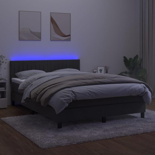 Kontinentalseng med madras og LED-lys 140x200 cm - fløjl, mørkegrå