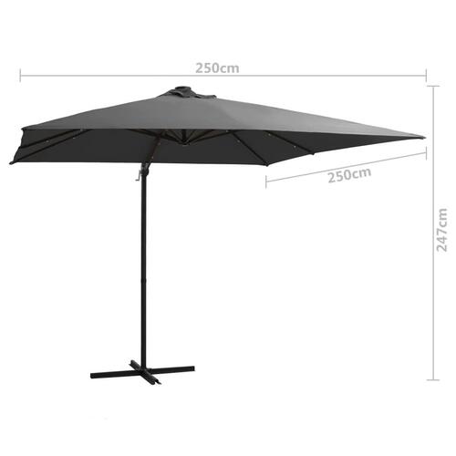 Hængeparasol med LED-lys og stålstang 250x250 cm antracitgrå