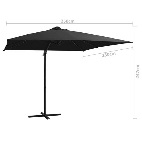 Hængeparasol med LED-lys og stålstang 250x250 cm sort