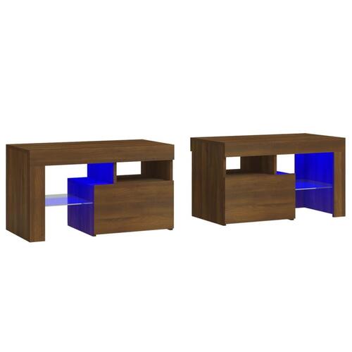 Sengeborde 2 stk. med LED-lys 70x36,5x40 cm brun egetræsfarve