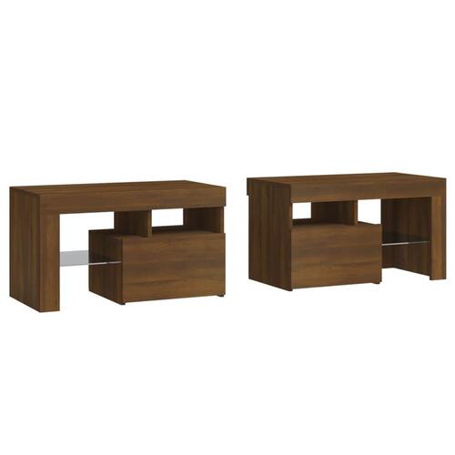 Sengeborde 2 stk. med LED-lys 70x36,5x40 cm brun egetræsfarve