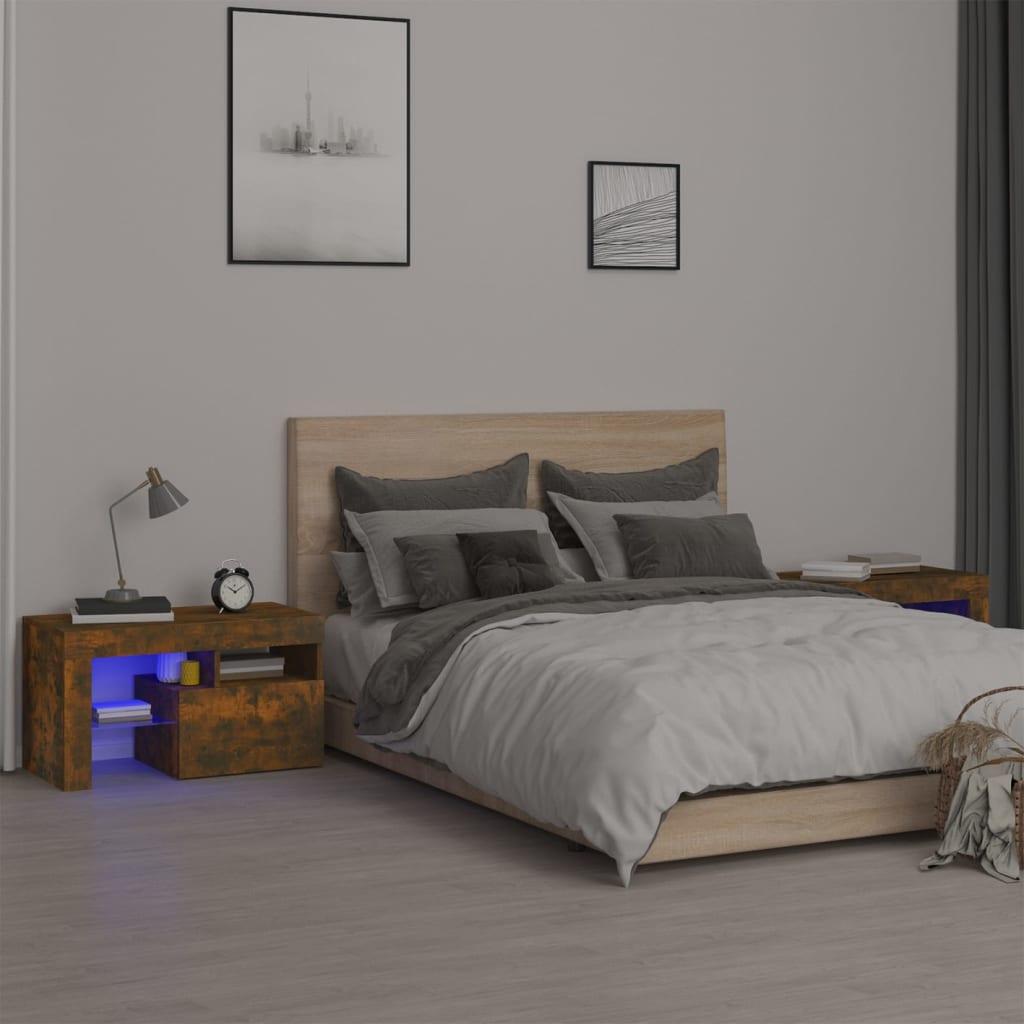 Sengeborde 2 stk. med LED-lys 70x36,5x40 cm røget egetræsfarve