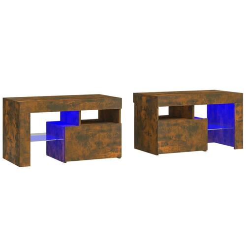 Sengeborde 2 stk. med LED-lys 70x36,5x40 cm røget egetræsfarve