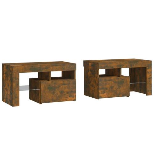 Sengeborde 2 stk. med LED-lys 70x36,5x40 cm røget egetræsfarve