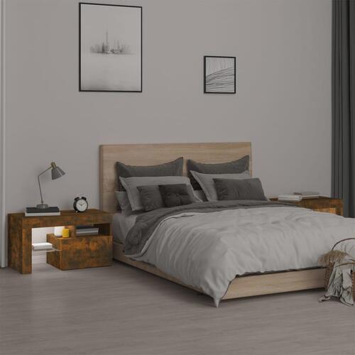 Sengeborde 2 stk. med LED-lys 70x36,5x40 cm røget egetræsfarve