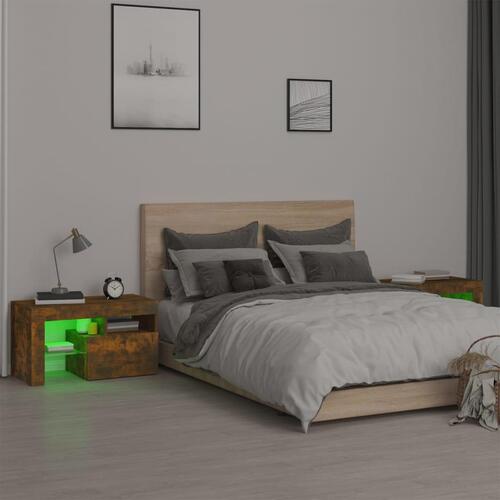Sengeborde 2 stk. med LED-lys 70x36,5x40 cm røget egetræsfarve