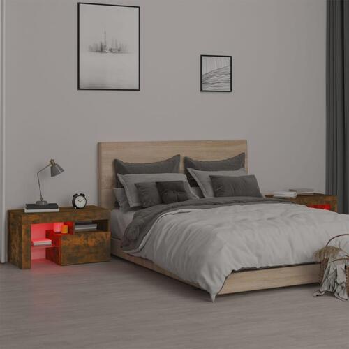 Sengeborde 2 stk. med LED-lys 70x36,5x40 cm røget egetræsfarve