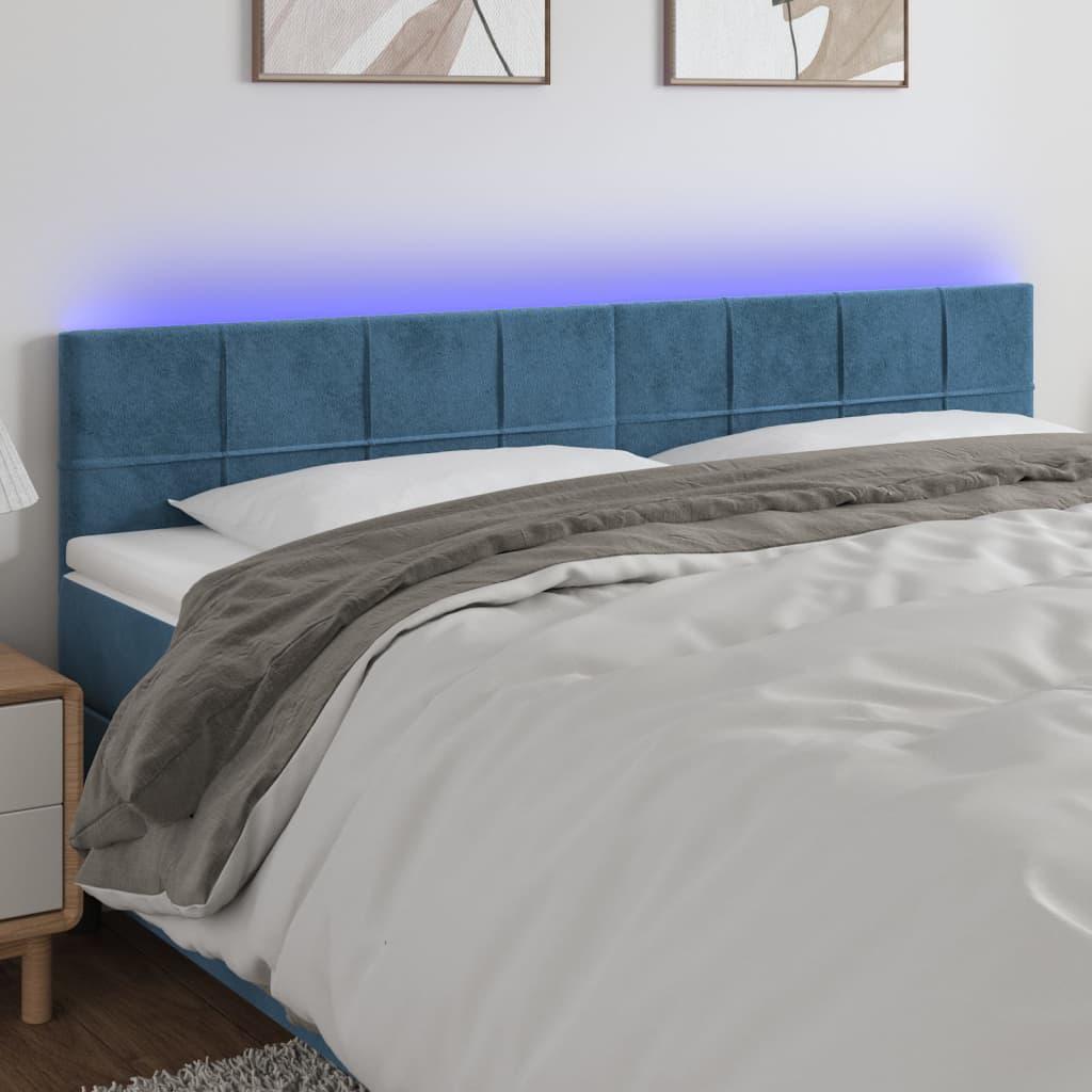 Sengegavl med LED-lys 200x5x78/88 cm fløjl mørkeblå billede