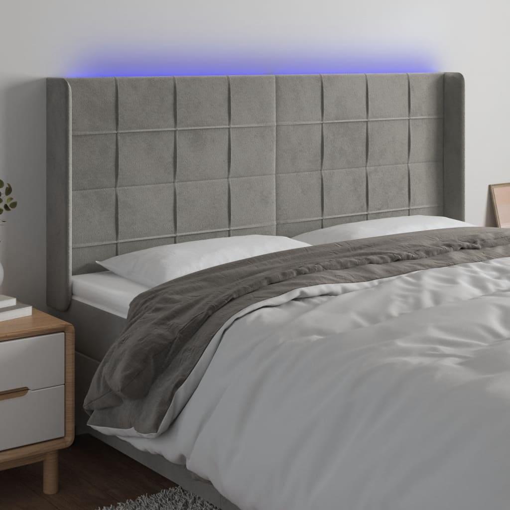 Sengegavl med LED-lys - 203×16×118/128 cm, fløjl, lysegrå billede