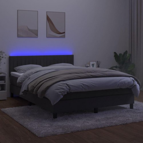 Kontinentalseng med madras og LED-lys 140x190 cm - fløjl, mørkegrå