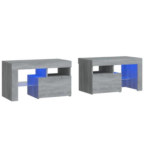 Sengeborde 2 stk. med LED-lys 70x36,5x40 cm grå sonoma-eg