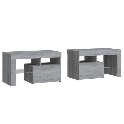 Sengeborde 2 stk. med LED-lys 70x36,5x40 cm grå sonoma-eg