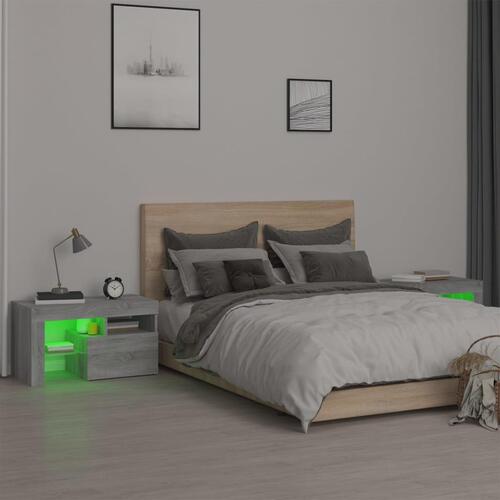 Sengeborde 2 stk. med LED-lys 70x36,5x40 cm grå sonoma-eg