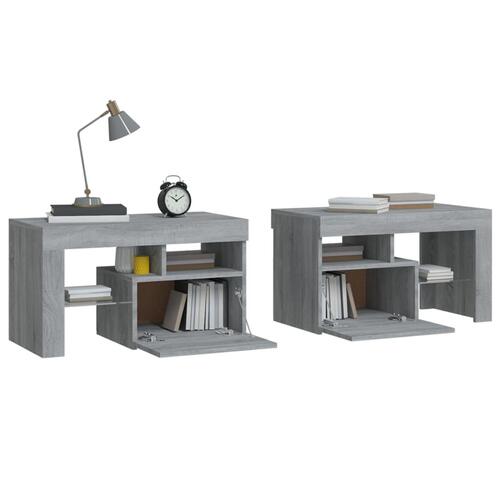 Sengeborde 2 stk. med LED-lys 70x36,5x40 cm grå sonoma-eg